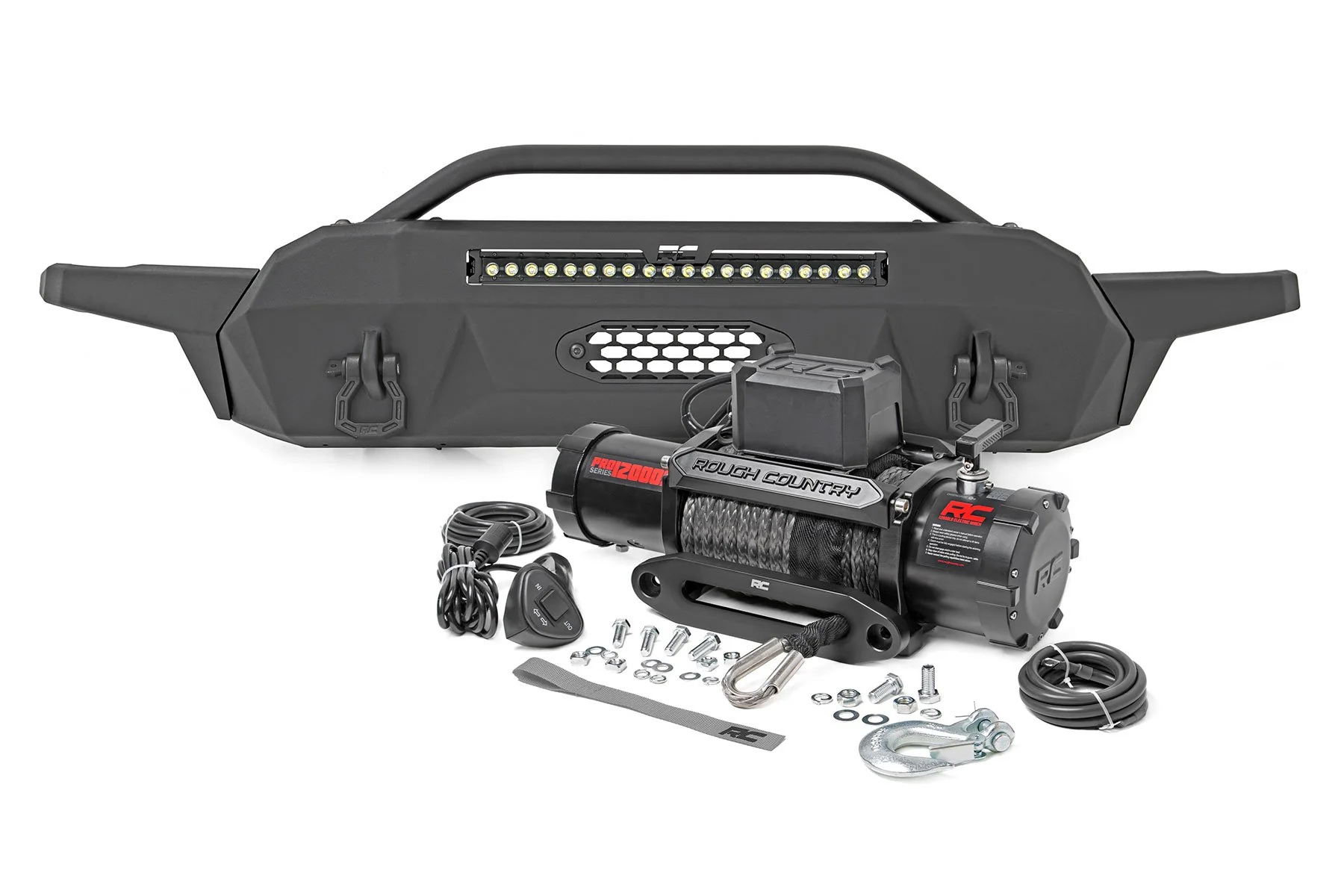 Front Bumper | High Clearance | 20" Blk DRL LED + PRO12000S Winch | Toyota Tacoma 4WD | 2016-2022 | Rough Country | 10729